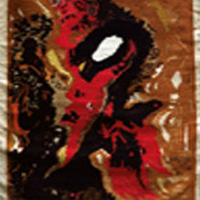 Abstract painting of a figure in red and black on a textured brown background.