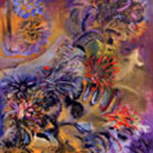 2 Abstract artwork with vibrant purple, red, and orange floral patterns.