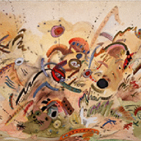 Abstract painting with dynamic shapes and earthy tones.