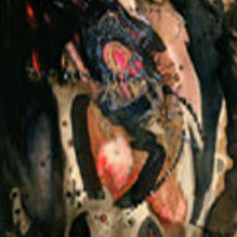5 A close-up of a textured, abstract painting with dark and red hues.