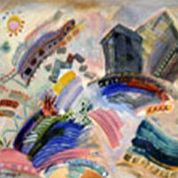 7 Abstract painting with vibrant colors and dynamic shapes.