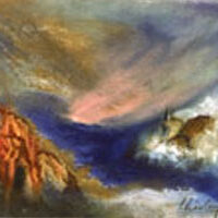 8 Abstract landscape with dramatic clouds and rocky formations.