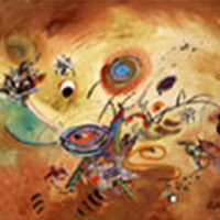 9 Abstract art with swirling shapes and vibrant colors on a warm background.